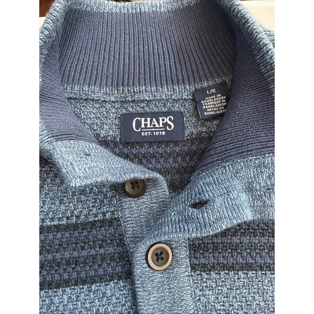 Chaps Sweater Mens Large Blue Mock Neck Henley 3 Button Elbow Patch Cotton
